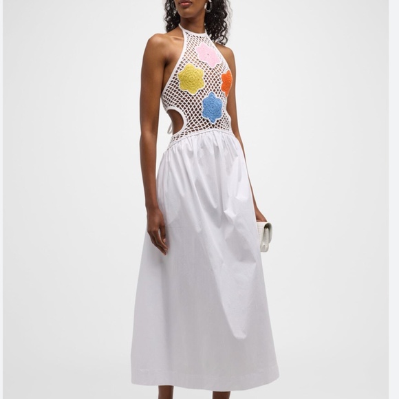 NWT STAUD Kaylee Crochet Bodice Halter Knit Midi Dress - Pansy White Beach Party - Picture 3 of 11